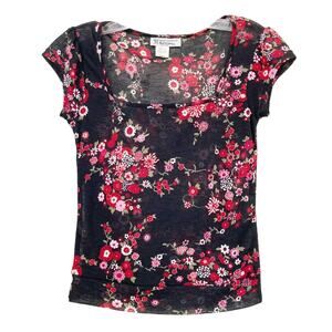 Vintage 90s Black Semi Sheer Floral Shirt Sz S